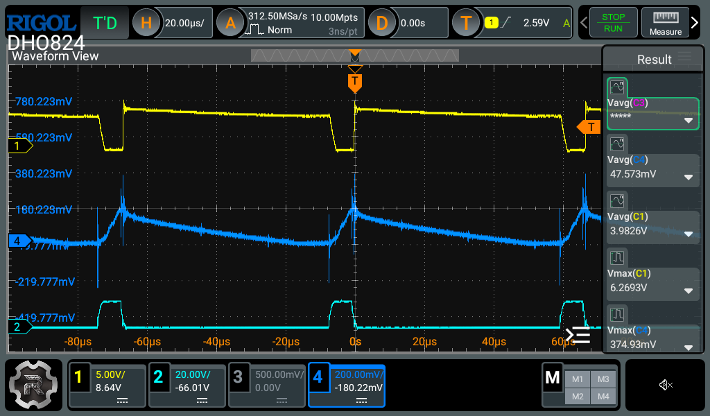 22mm 15khz 10% duty primary 9 turns, secondary 180 turns.